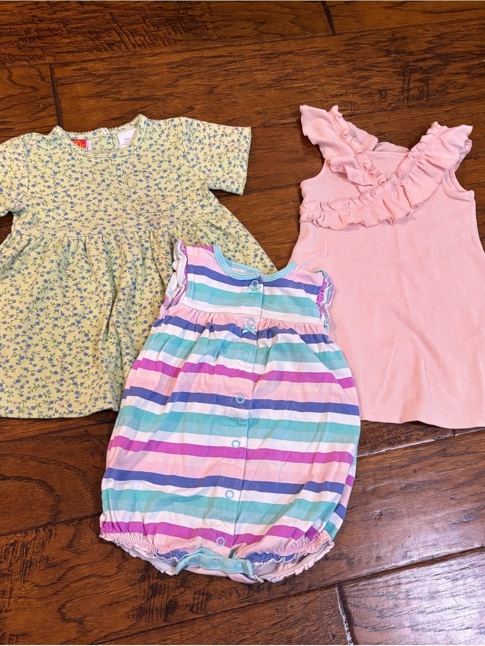 Multiples Pink Ruffle Tank, Yellow Floral Dress & Pastel Striped Romper